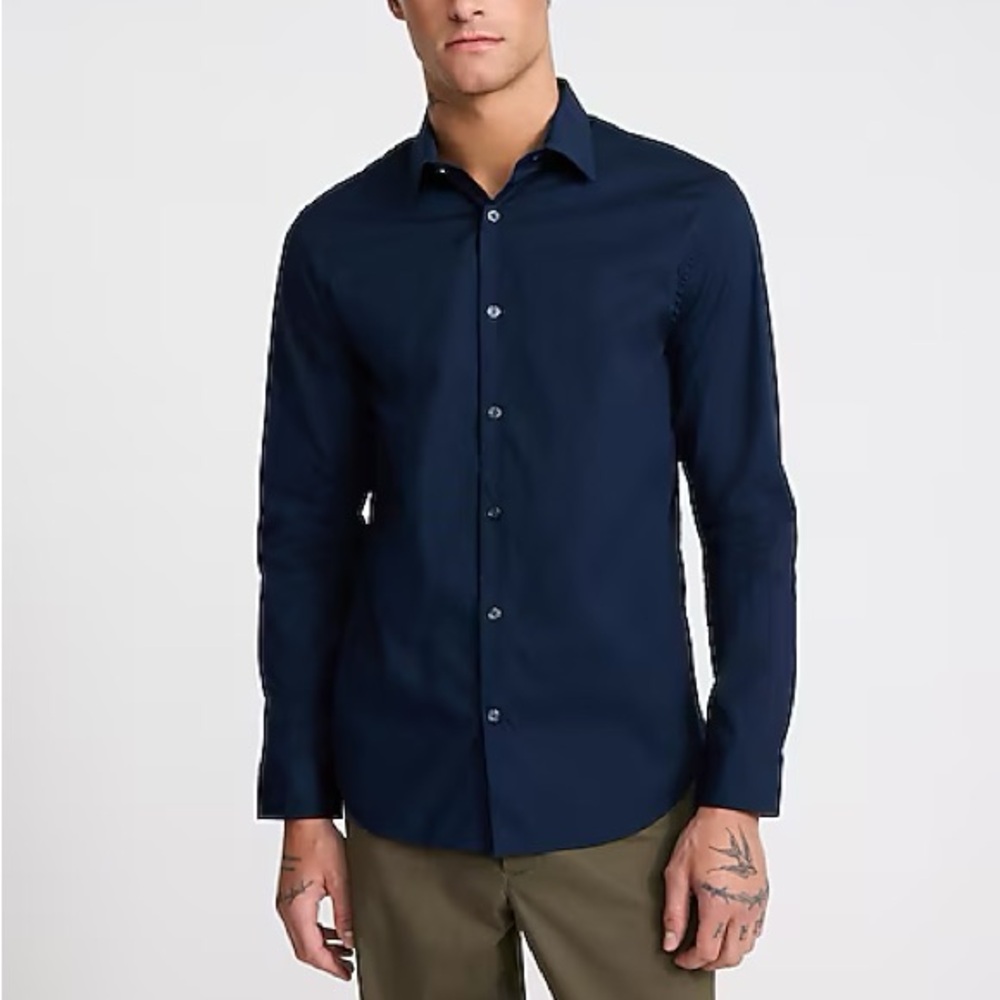 EXPRESS Extra Slim Solid Cotton Stretch 1MX Dress Shirt - Navy Blue